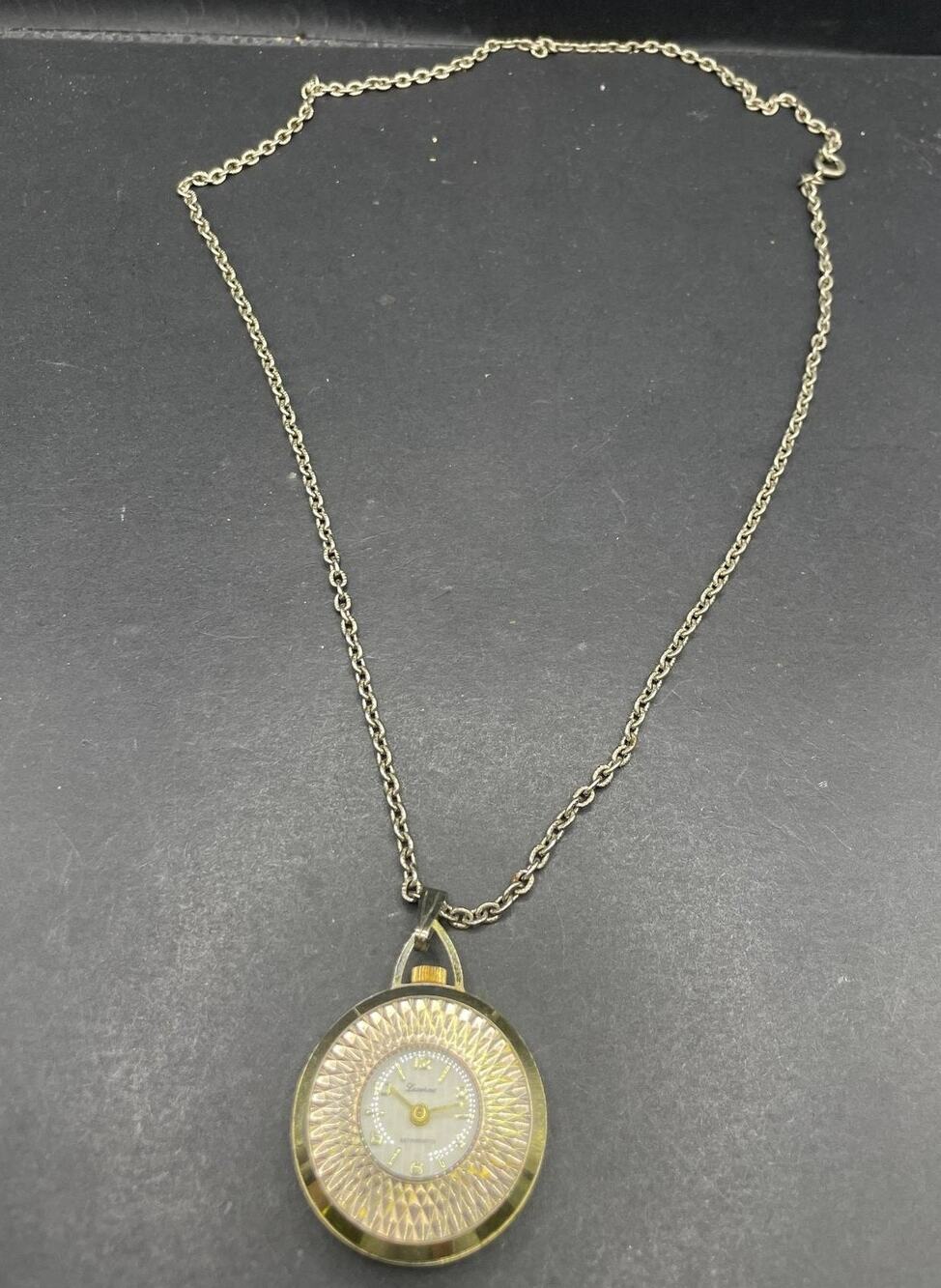 Lucerne Swiss Made Mechanical Pendant Watch Necklace Gold Tone Cable Chain
